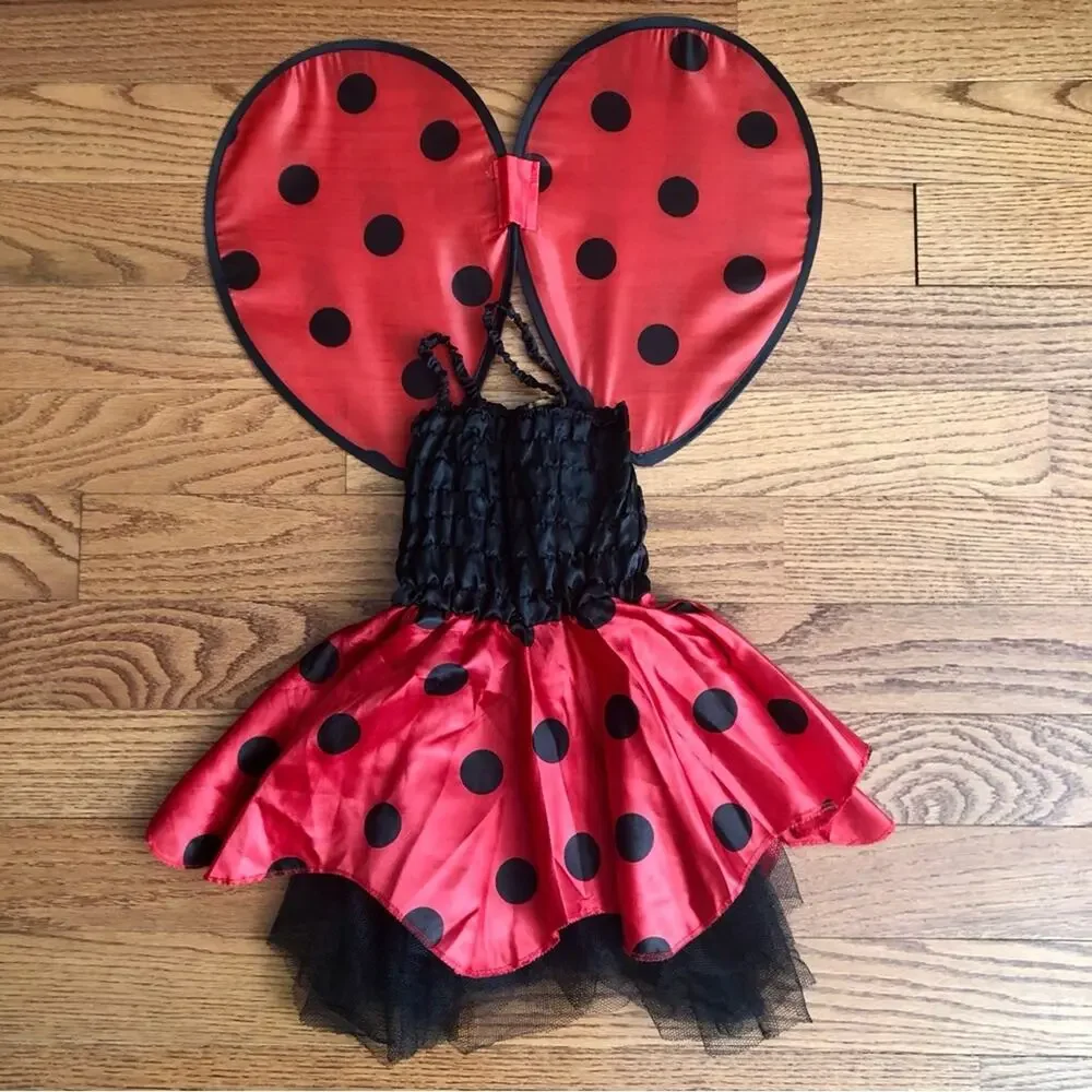 Bumble Bee Polk-a-dot Smocked Bodice Wings Red Black Dress Toddler Girl Size 2T